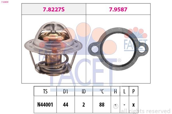 FACET 7.8409 Engine thermostat Opening Temperature: 88°C, 44mm, Made in Italy - OE Equivalent, with seal