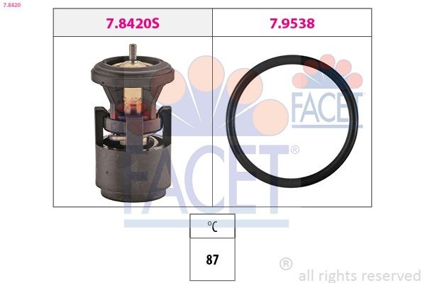 FACET 7.8420 Engine thermostat Opening Temperature: 87°C, Made in Italy - OE Equivalent, with seal, without connection adapters, without housing