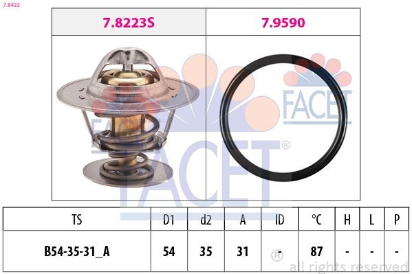 FACET 7.8432 Engine thermostat Opening Temperature: 87°C, 54mm, Made in Italy - OE Equivalent, with seal