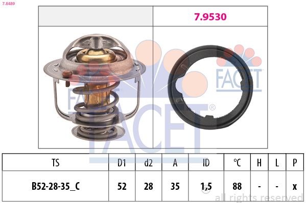 7.8489 FACET Coolant thermostat HONDA Opening Temperature: 88°C, 52mm, Made in Italy - OE Equivalent