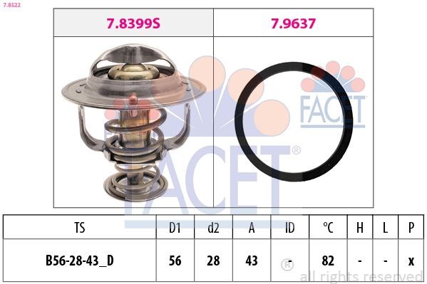 FACET 7.8522 Engine thermostat Opening Temperature: 82°C, 56mm, Made in Italy - OE Equivalent, with seal