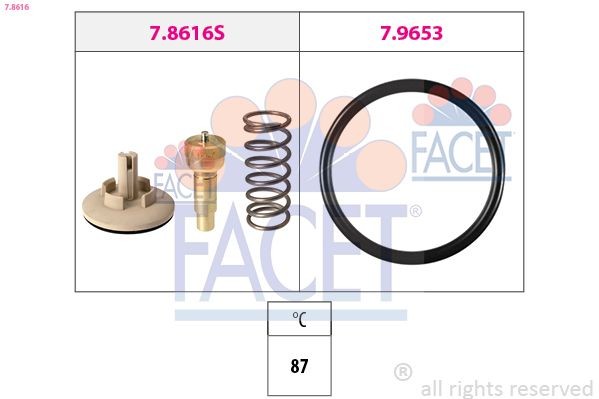 FACET 7.8616 Engine thermostat Opening Temperature: 87°C, Made in Italy - OE Equivalent, with seal, without connection adapters