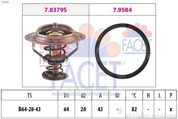 Coolant thermostat FACET Opening Temperature: 82°C, 64mm, Made in Italy - OE Equivalent, with seal - 7.8649