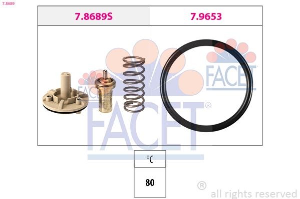 7.8689 FACET Coolant thermostat SEAT Opening Temperature: 80°C, Made in Italy - OE Equivalent, with seal, without connection adapters