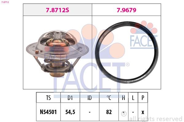 FACET 7.8712 Engine thermostat Opening Temperature: 82°C, 54,5mm, Made in Italy - OE Equivalent, with seal