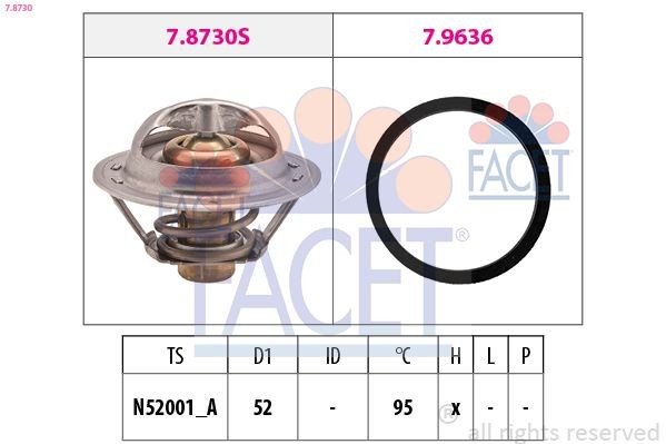 FACET 7.8730 Engine thermostat Opening Temperature: 95°C, 52mm, Made in Italy - OE Equivalent, with seal