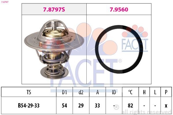 FACET 7.8797 Engine thermostat Opening Temperature: 82°C, 54mm, Made in Italy - OE Equivalent, with seal