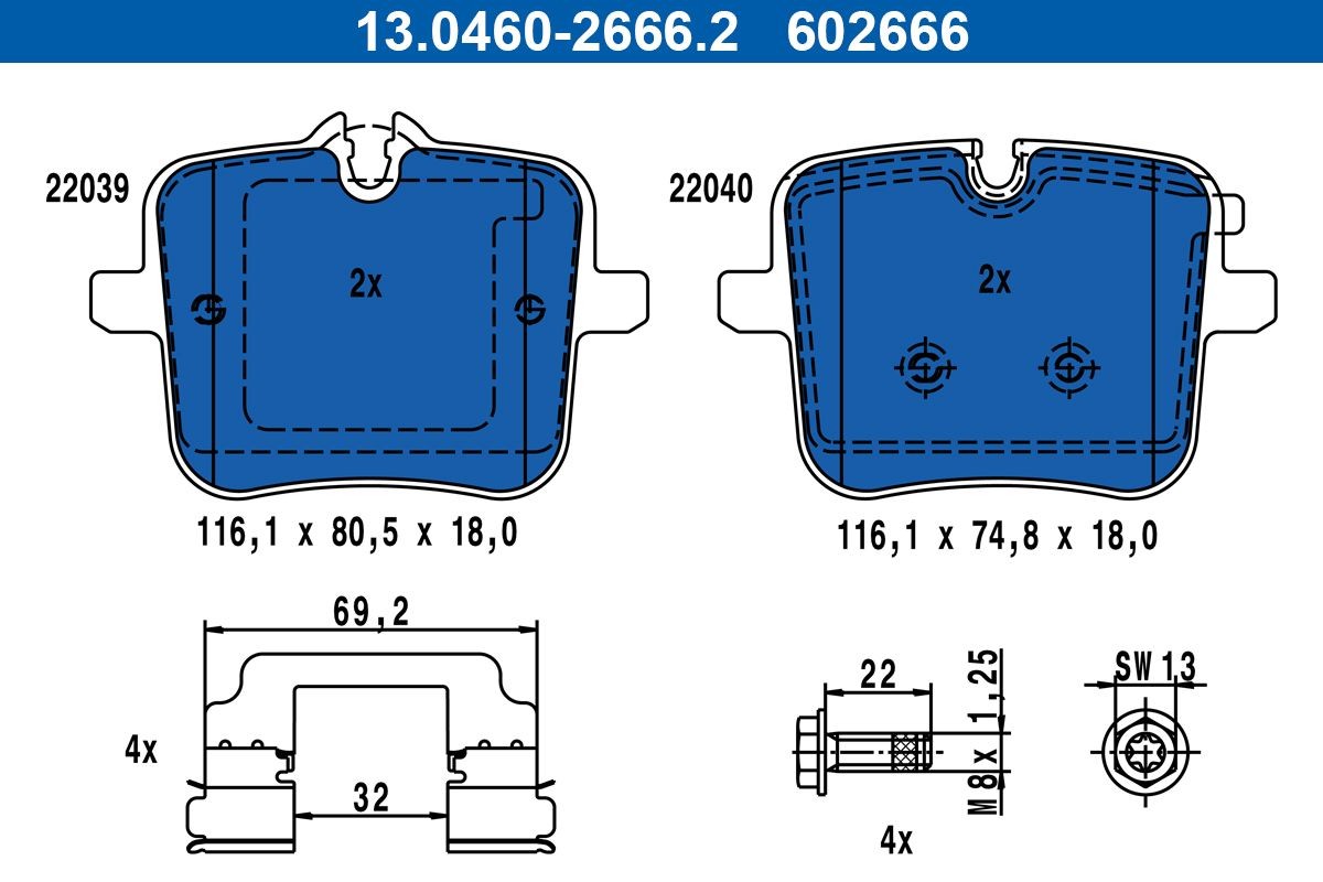 602666 ATE prepared for wear indicator, excl. wear warning contact, with brake caliper screws, with accessories Height 1: 80,5mm, Height 2: 74,8mm, Width: 116,1mm, Thickness: 18,0mm Brake pads 13.0460-2666.2 buy