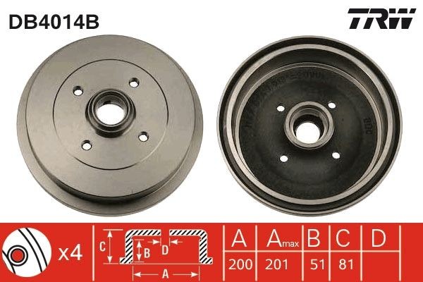 Brake drum TRW with bearing(s), without ABS sensor ring, 210,5mm - DB4014B