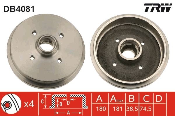 TRW without wheel bearing, without ABS sensor ring, 190mm Drum Ø: 180,0mm Drum Brake DB4081 buy