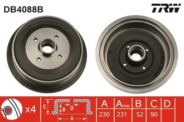 Brake drum TRW with bearing(s), without ABS sensor ring, 242mm - DB4088B