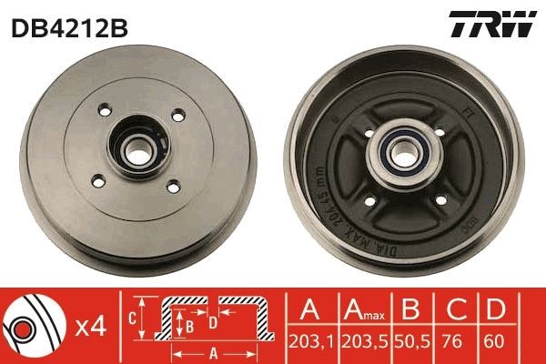 TRW DB4212B Brake Drum with bearing(s), without ABS sensor ring