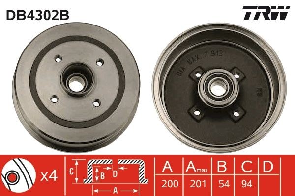 TRW DB4302B Brake Drum with bearing(s), without ABS sensor ring