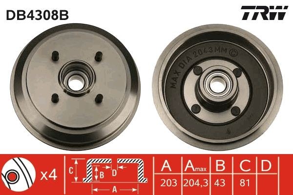 Kamer specificeren Hardheid Brake Drum TRW with bearing(s), without ABS sensor ring, 223mm DB4308B ▷  AUTODOC price and review