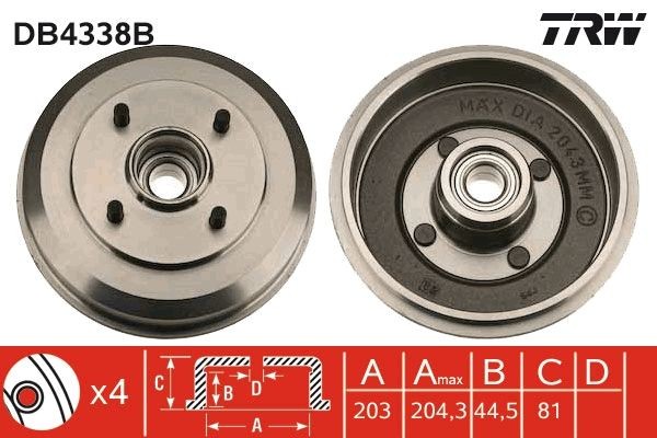 TRW with bearing(s), without ABS sensor ring, 239mm Drum Ø: 203mm Drum Brake DB4338B buy