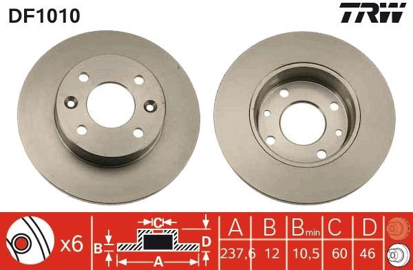 TRW 238x12mm, 4x100, solid Ø: 238mm, Num. of holes: 4, Brake Disc Thickness: 12mm Brake rotor DF1010 buy