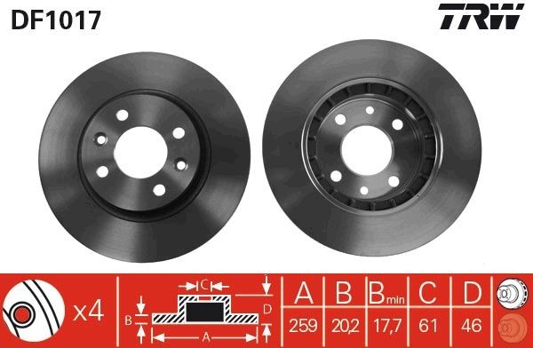 TRW DF1017 Brake disc 259x20,2mm, 4x100, Vented, Painted