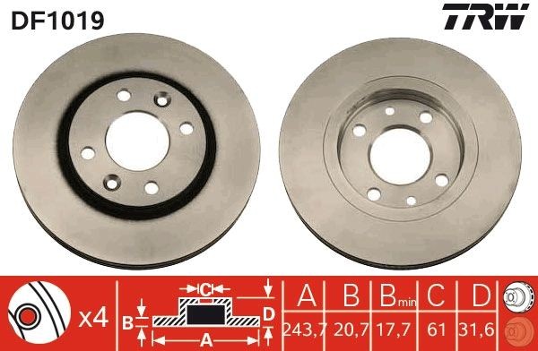 TRW DF1019 Brake disc 244x20,5mm, 4x100, Vented, Painted