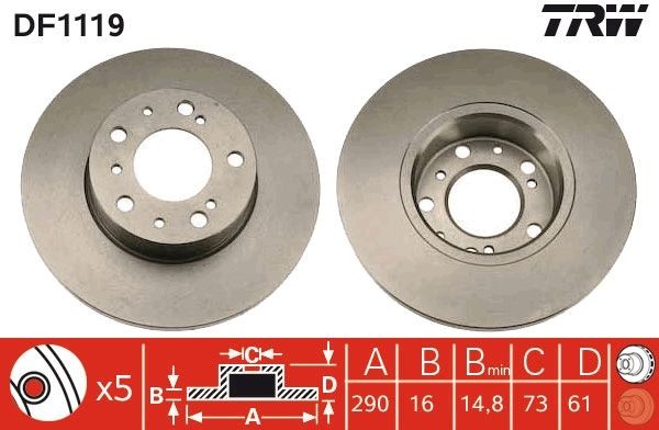 TRW DF1119 Brake disc 290x16mm, 5x118, solid, Painted