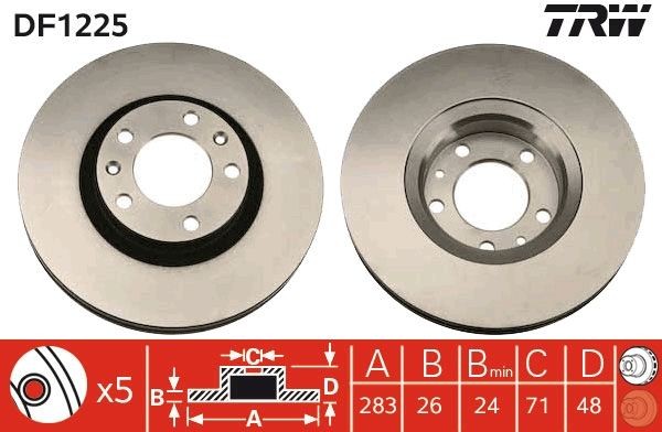 TRW DF1225 Brake disc 283x26mm, 5x108, Vented, Painted, High-carbon