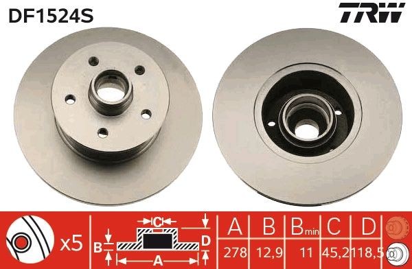 TRW 278x12,9mm, 5x112, solid, Painted Ø: 278mm, Num. of holes: 5, Brake Disc Thickness: 12,9mm Brake rotor DF1524S buy