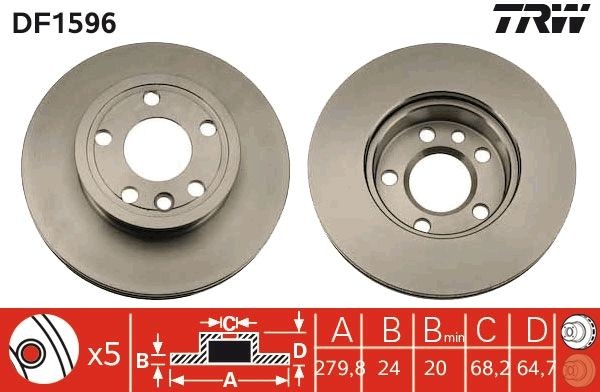 TRW 280x24mm, 5x112, Vented, Painted Ø: 280mm, Num. of holes: 5, Brake Disc Thickness: 24mm Brake rotor DF1596 buy