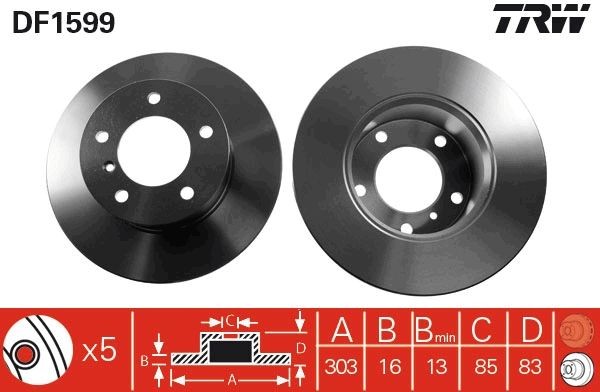 TRW DF1599 Brake disc 303x16mm, 5x130, solid, Painted