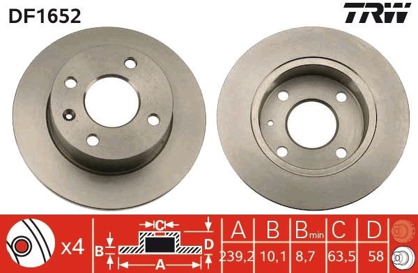 TRW DF1652 Brake disc 239x10mm, 4x108, solid, Painted