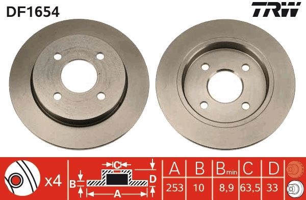 TRW DF1654 Brake rotor 253x10mm, 4x108, solid, Painted