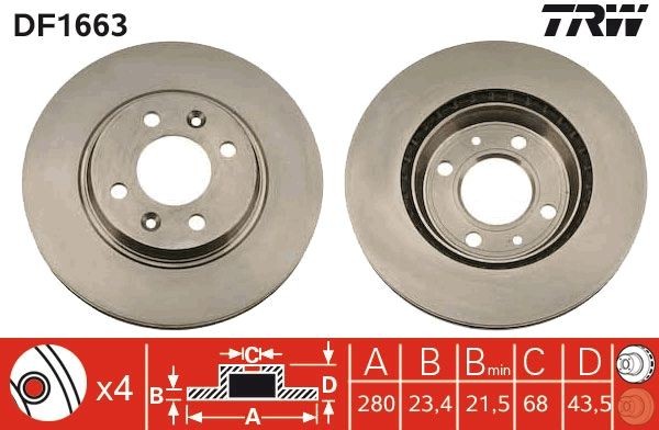 TRW DF1663 Brake disc 280x23,4mm, 4x108, Vented, Painted