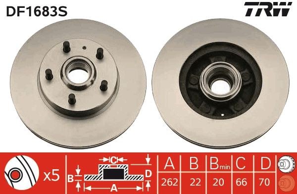 TRW DF1683S Brake disc 262x22mm, 5x108, Vented, Painted