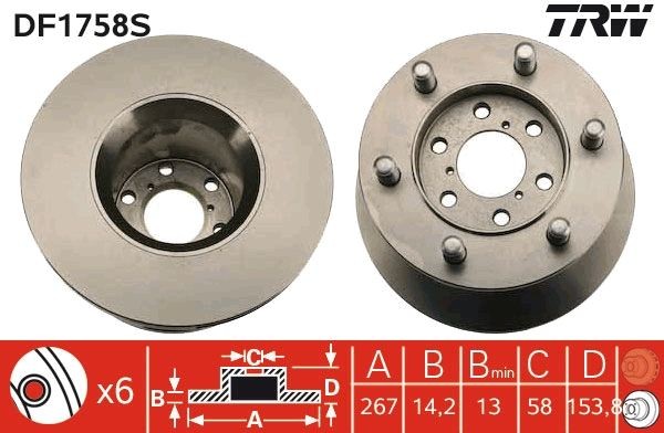 TRW DF1758S Brake disc 267x14,2mm, 6x95, solid, Painted