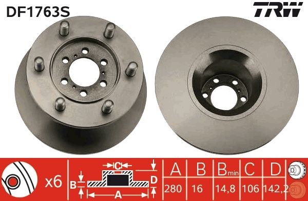 DF1763S TRW Brake rotors IVECO 280x16mm, 6x170, solid, Painted