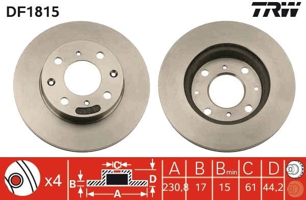 TRW DF1815 Brake disc 231x17mm, 4x100, Vented, Painted