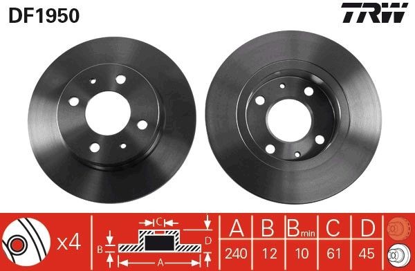 TRW DF1950 Brake disc 240,3x12mm, 4x100, solid, Painted