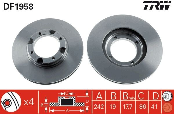 TRW 242x19,2mm, 4x104, Vented, Painted Ø: 242mm, Num. of holes: 4, Brake Disc Thickness: 19,2mm Brake rotor DF1958 buy