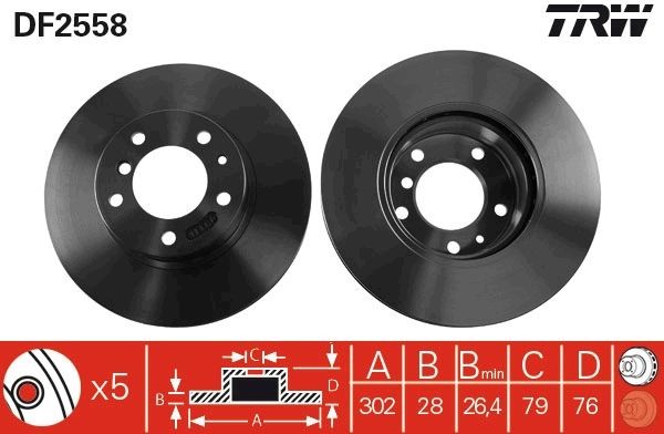 TRW DF2558 Brake disc 302x28mm, 5x120, Vented, Painted, High-carbon