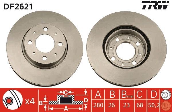 TRW DF2621 Brake disc 280x26mm, 4x108, Vented, Painted