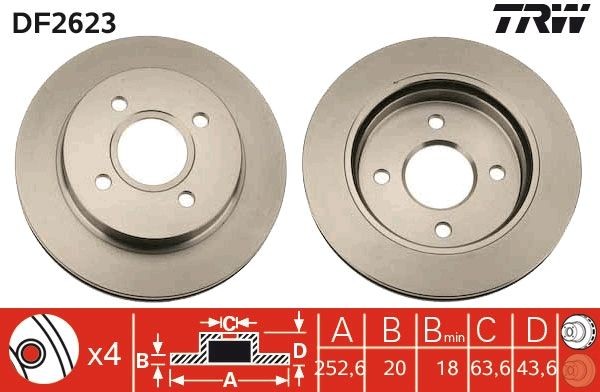 TRW DF2623 Brake disc 252,6x20mm, 4x108, Vented, Painted