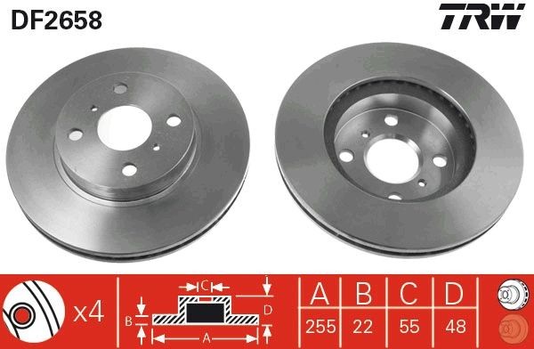 TRW 255,5x22mm, 4x100, Vented, Painted Ø: 255,5mm, Num. of holes: 4, Brake Disc Thickness: 22mm Brake rotor DF2658 buy