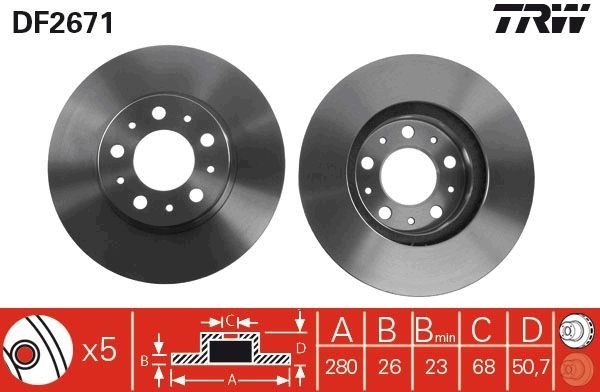 TRW 280x26mm, 5x108, Vented, Painted Ø: 280mm, Num. of holes: 5, Brake Disc Thickness: 26mm Brake rotor DF2671 buy