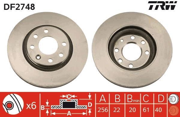 TRW DF2748 Brake disc 256x22mm, 6x100, Vented, Painted