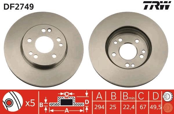 TRW DF2749 Brake disc 294x25mm, 5x112, Vented, Painted