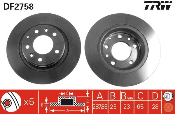 TRW 288x25mm, 5x100, Vented, Painted, High-carbon Ø: 288mm, Num. of holes: 5, Brake Disc Thickness: 25mm Brake rotor DF2758 buy