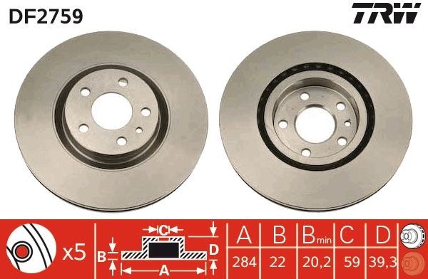 TRW DF2759 Brake disc 284x22mm, 5x98, Vented, Painted