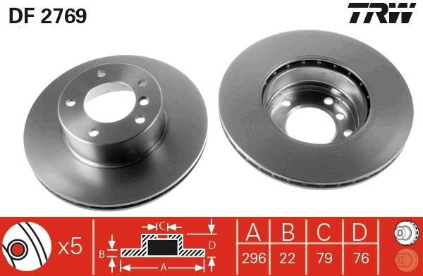 TRW 296x22mm, 5x120, Vented, Painted, High-carbon Ø: 296mm, Num. of holes: 5, Brake Disc Thickness: 22mm Brake rotor DF2769 buy