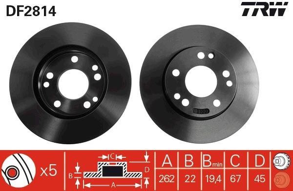 TRW DF2814 Brake disc 262x22mm, 5x112, Vented, Painted