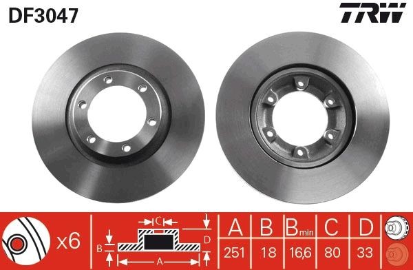 TRW 251x18mm, 6x102, Vented, Painted Ø: 251mm, Num. of holes: 6, Brake Disc Thickness: 18mm Brake rotor DF3047 buy