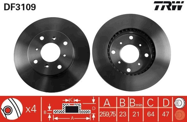 TRW 260x23mm, 4x114, Vented, Painted Ø: 260mm, Num. of holes: 4, Brake Disc Thickness: 23mm Brake rotor DF3109 buy