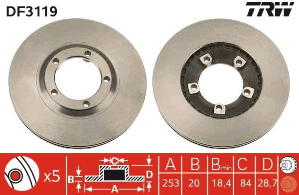 TRW 253x20mm, 5x104, Vented, Painted Ø: 253mm, Num. of holes: 5, Brake Disc Thickness: 20mm Brake rotor DF3119 buy